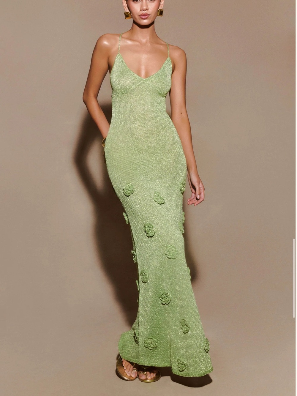Meshki Suki Metallic Knit Maxi Dress Pastel Green